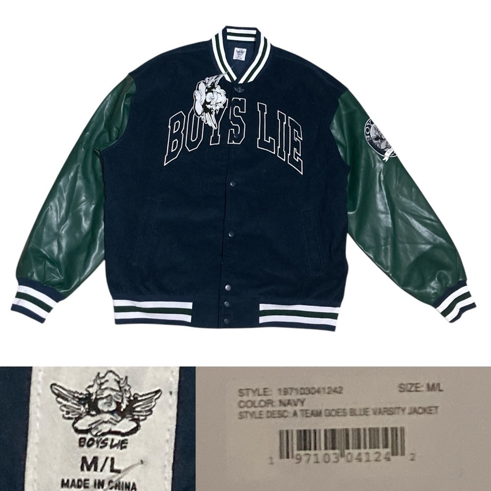 Nwot Boys Lie “ A Team Goes Blue” Varsity Jacket Men’s size M/L in Blue Green
